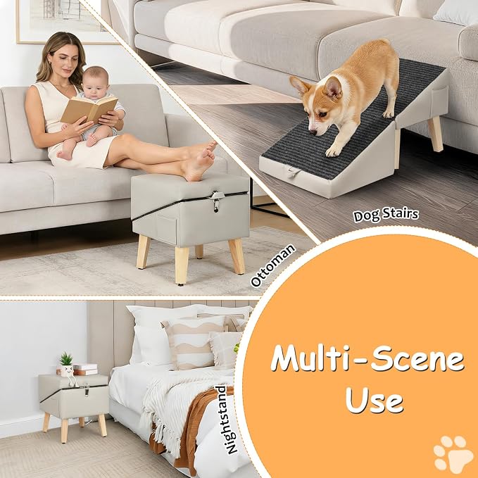 2-in-1 Foldable Dog Ramp for Couch and Bed, 14.4" H Dog Ramps for Small Dogs and Cats, Wooden Pet Stairs with Non-Slip Mat & Side Pockets, Split Ottoman Pet Ramp Steps for Medium Dogs, Puppy