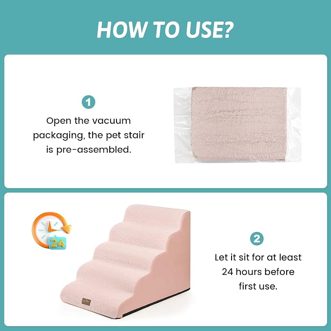 COZY KISS Extra Wide Dog Stair for Small Dog, 5 Step Pet Ramp for Bed | Curved Stable Dog Step for Puppy, Older Cat, Senior, Medium, Short-Legged Dog, Non-Slip Ladder for High Bed, 22.4" H, Pink