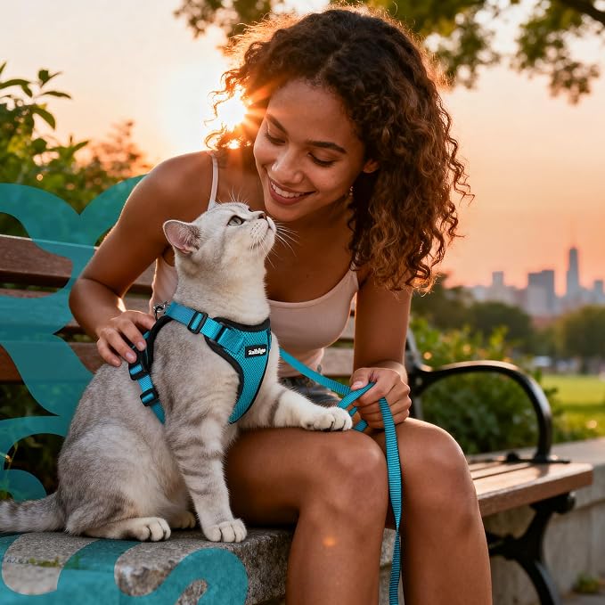 rabbitgoo Cat Harness and Leash Set, Escape Proof Vest, Teal | Soft Breathable Mesh, Easy Adjustable Fit, Snap Buckles, Sturdy Clip, Reflective Strips, for Medium to Large Cats Walks, M