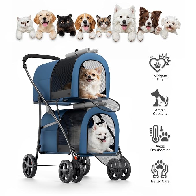 MoNiBloom Double Pet Stroller - Navy Blue/Gray, 4 Wheels