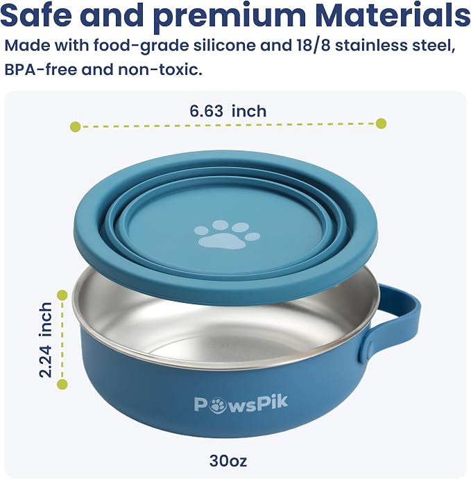 PawsPik 2-in-1 Travel Dog & Cat Bowl, Stainless Steel & Silicone, Midnight Summit Blue