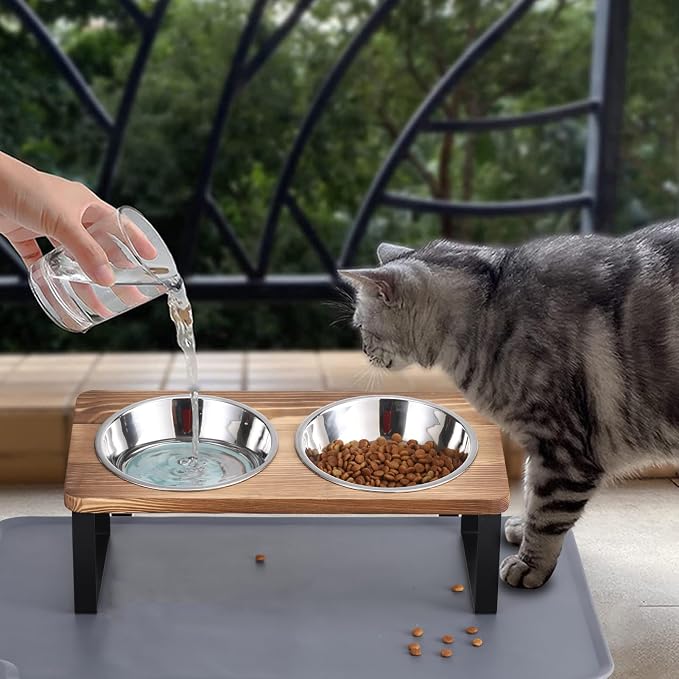 Upgraded Elevated Cat Bowls with Food Mat,15°Tilted Stand Anti Vomiting Raised Cat Dishes for Food and Water,2 Stainless Steel Bowls for Cats and Puppy（Rustic Brown）