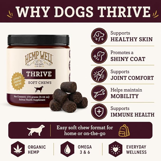 Hemp Well Thrive Chews for Dogs, Organic Hemp, Everyday Omegas, Skin Coat Support