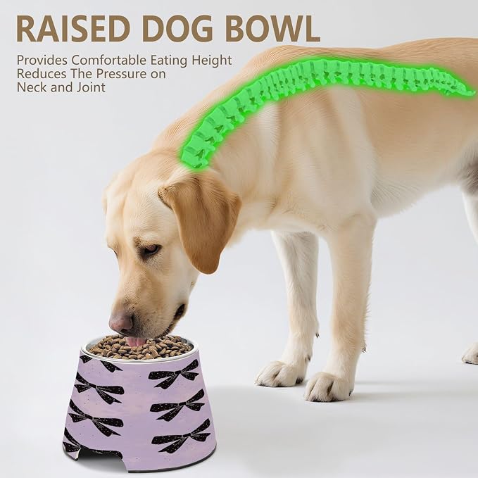 Blueangle Elevated Dog Bowls with Stainless Steel - Non-Slip 2.3 Cup High Capacity Pet Dish for Spinal Health & Black Bows Design（290）