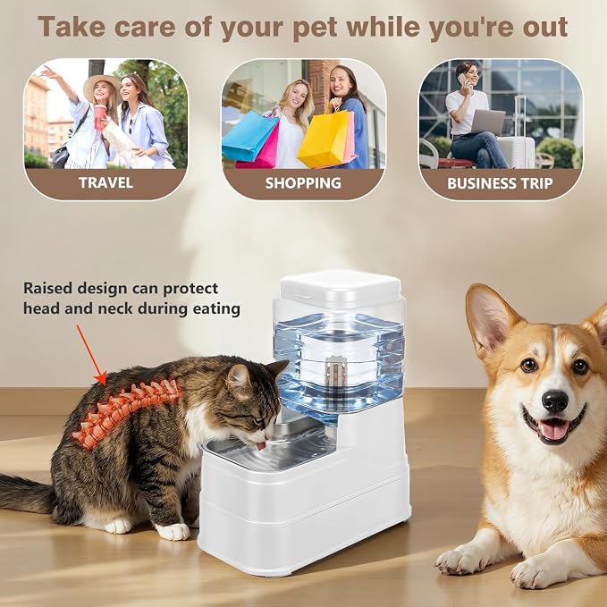 1.1 Gallon Pet Automatic Dog Water Dispenser Cat Gravity Waterer Feeder with Stainless Steel, 1.1 Gallon, Polyester, White