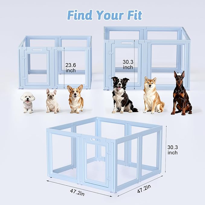 DIY Clear Acrylic Dog Playpen House,Quick Easy Assembly and Disassembly,Strong Floor Suction,Indoor and Outdoor Use,Easy Cleansing Puppy Fence (Sky Blue, 30.3" H, 8PCS)