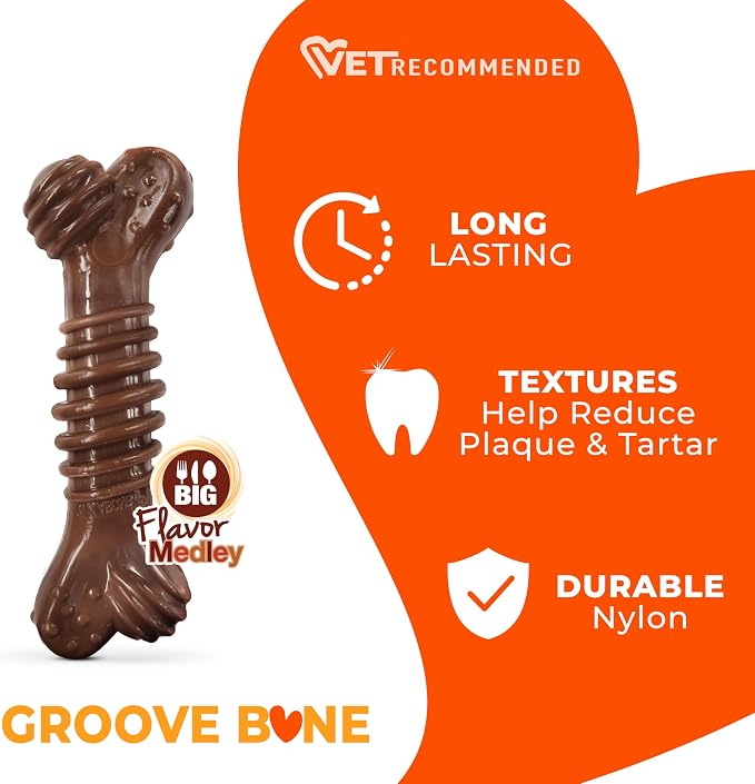 Nylabone Groove Bone Power Chew Toy for Dogs, Dental Dog Toys for Aggressive Chewers, Dog Chew Bone, Long Lasting Flavor Medley Flavor, For Medium Dogs - Up to 35 lbs, 1 Count