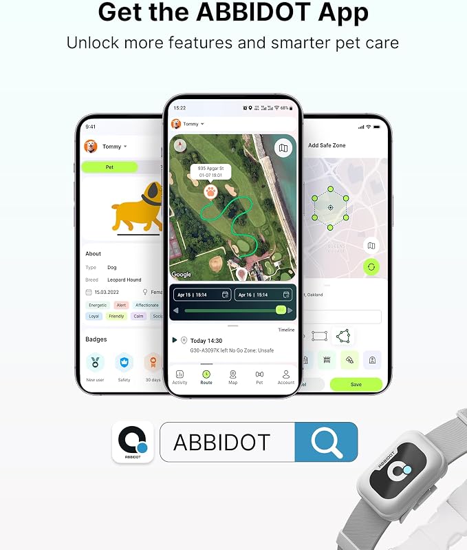 ABBIDOT GPS Tracker for Dogs - Real-Time Pet Tracker with Virtual Fence, Activity Monitor, Location History, Escape Alerts, 3-Mode Night Light, GPS Dog Tracker with Health & Behavior Monitoring