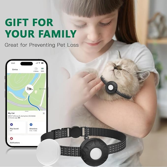 Cat Tracker,No Monthly Fee GPS Trackers for Cats Work with Apple Find My App(iOS Only),Real-Time Location Tracking,Cat Tracker GPS Collar with Safety Elastic Buckle-Black