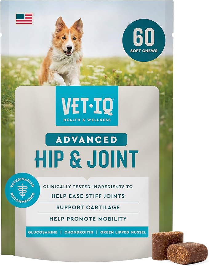 VetIQ Advanced Hip & Joint Chews, 60 Ct Chicken Flavor, Glucosamine for Dogs, Hip and Joint Supplement with Omega 3, Chondroitin, MSM, Green Lipped Mussel, Increases Mobility, Maintains Muscles | Increases mobility & maintains muscle; glucosamine, chon...
