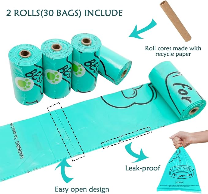 Dog Poop Waste Bags Holder with LED Flashlight|Cute Doggie Poo Bags Dispenser for Pet Leash|Trash Waste Bags Carrier with Potty Bags Clip Fastener LR44 Button Cells Included(2 Pack) (Crystal Blue)