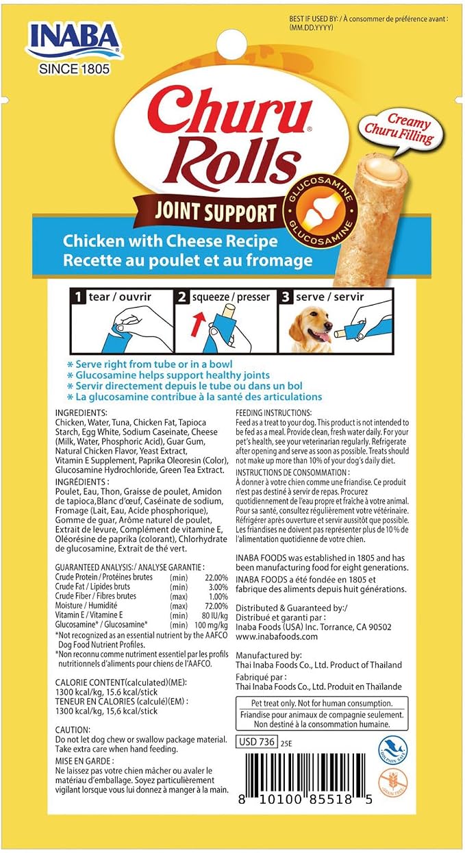 INABA Churu Rolls Joint Support for Dog, Functional Lickable Dog Treat with Taurine & Green Tea Extract, 1.26oz Each, 18 Tubes Total, Chicken with Cheese Recipe
