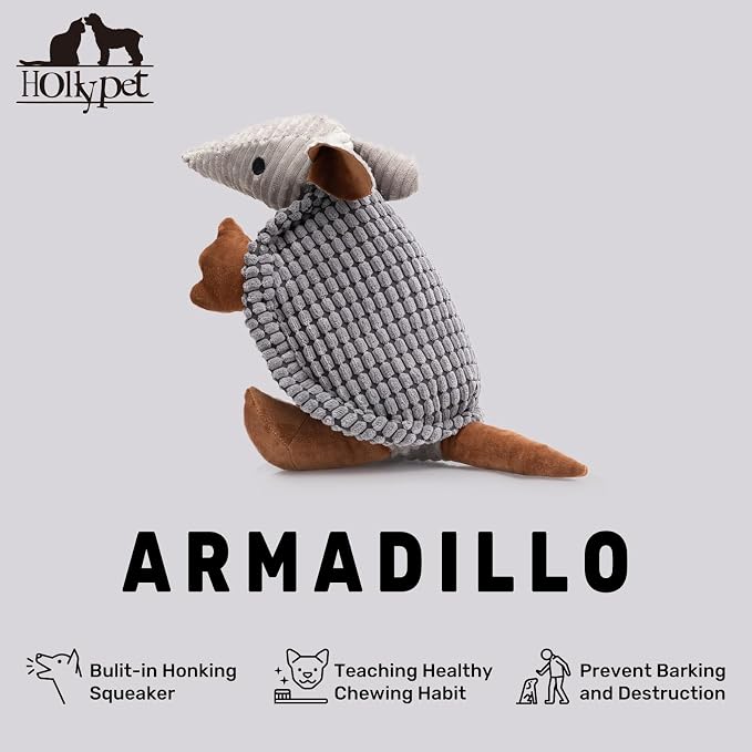 Hollypet Armadillo Squeaky Dog Toys for Medium Large Dogs, 14" | plush stuffed large dog squeak animal toy with unique grunt squeaker textured fabric for teeth cleaning toys