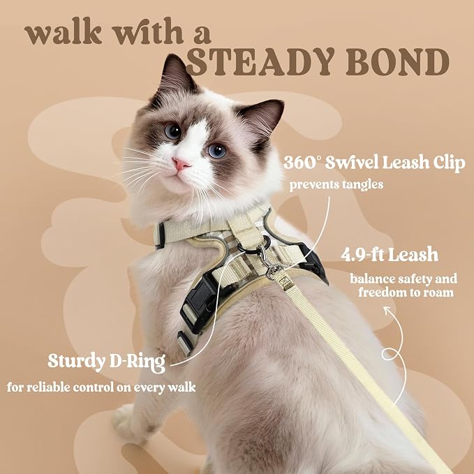 rabbitgoo Cat Harness and Leash Set, Escape Proof Vest, Foamy Coffee | Soft Breathable Mesh, Easy Adjustable Fit, Snap Buckles, Sturdy Clip, Reflective Strips, for Average Cats Walks, S