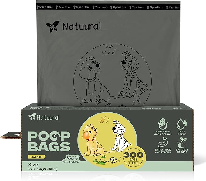 Compostable Dog Poop Bags-300 Bags 1Rolls, Poop Bags for Dogs Made of Cornstarch, Lavender Scented, Ideal for Backyard or Home and Cat Litter Disposal