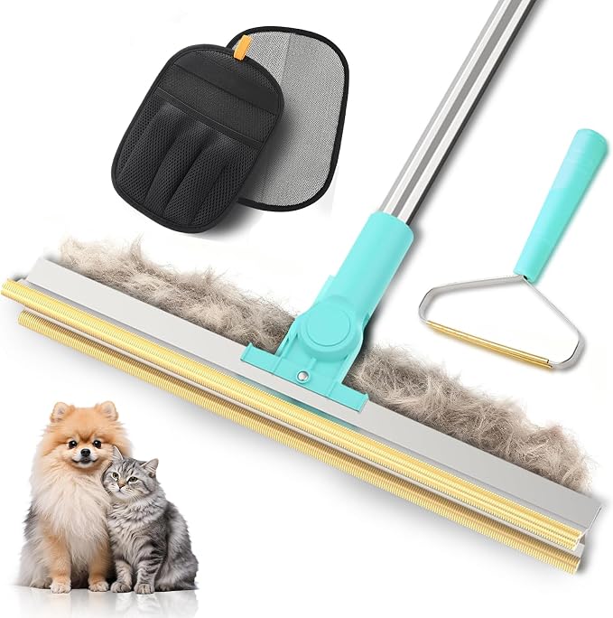 Carpet Rake for Pet Hair Removal, Upgraded 3 In 1 Reusable Dog Hair Carpet Rake Kit, Adjustable Handle for Deep Clean Dog & Cat Hair Remover, Lint Remover Scraper for Carpets, Mats, Rugs, Car&Couch