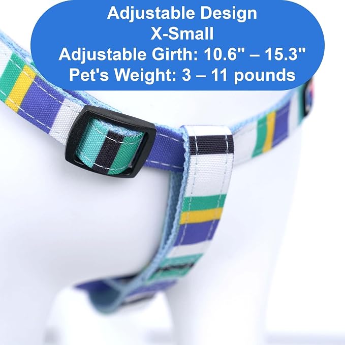 Pawtitas Multicolor Step-in Dog Harness – Adjustable No-Pull Vest for Puppies to Seniors, Safe & Comfortable XS Blue/Teal/Yellow