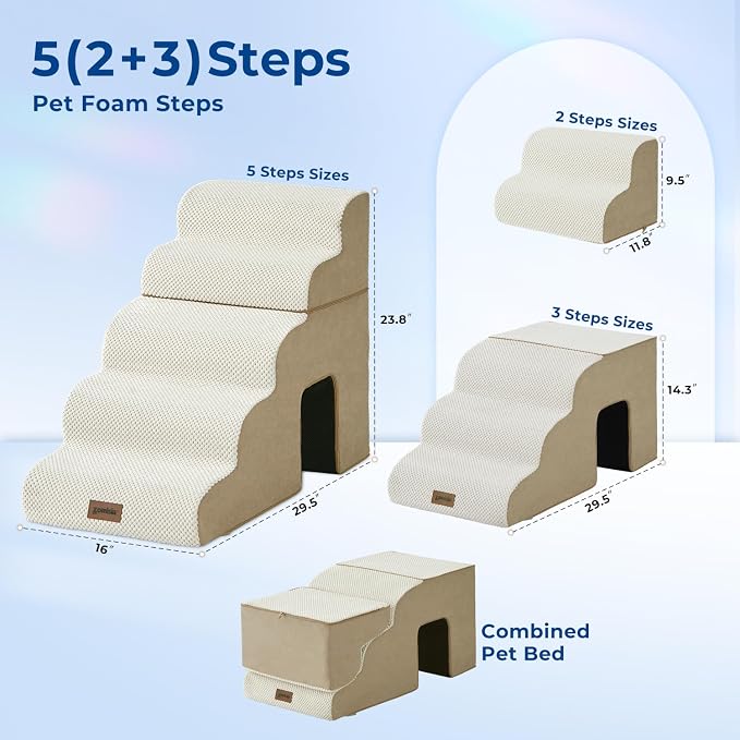 ZOMISIA Dog Ramp for Large Dogs - 24"H 5-Step Pet Stairs for High Beds with Tunnel, 2-in-1 Design with Zippers, Suitable for Indoor Cat Ladders with Non-Slip Bottom, Beige