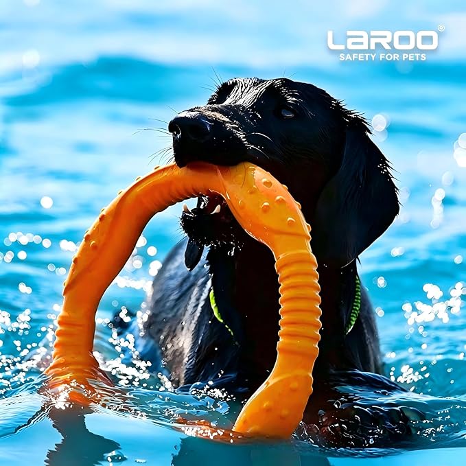 LaRoo Floating Dog Pool Toy, Fetch & Ring Tug Toy, Orange, 8.6in