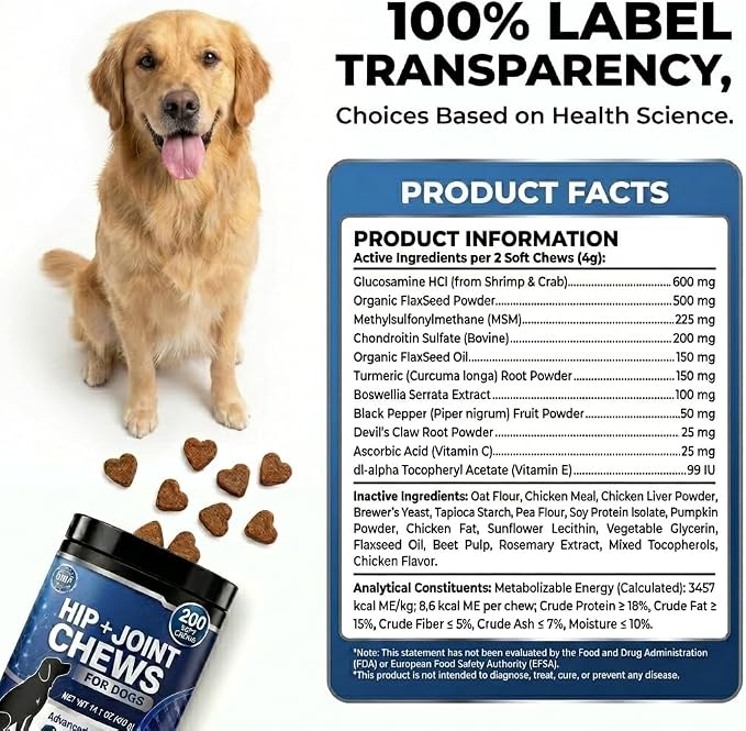 Glucosamine for Dogs Joint Support Supplement Dog Hip and Joint Chondroitin Chews Treats with MSM Dog Joint Pain Relief Mobility Supplements(Chicken Flavor)