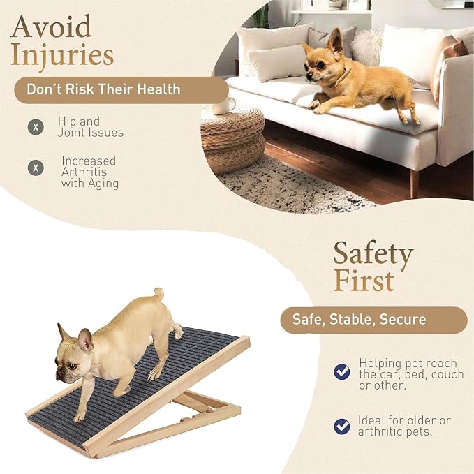 Folding Dog Ramp for Bed, Couch & Car，17" Adjustable Pet Ramp with Non-Slip Rubber Mat, 5-Level Height Adjustments, Portable Ramp for Small, Large & Senior Dogs or Cats，Easy Storage