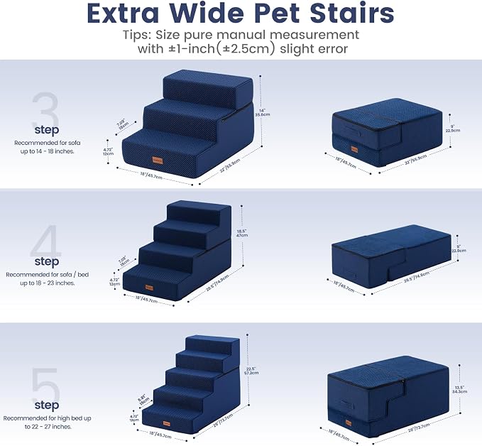 Gardner Pet Dog Stairs for Small Dogs 18.5" H, 4-Step Extra Wide Dog Steps for Bed, Pet Stairs for Bed and Couch with Durable Non-Slip Waterproof Fabric Cover and Soft Foam, Navy