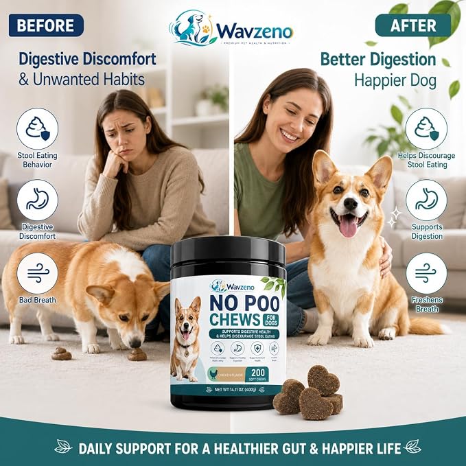 No Poo Chews for Dogs, Stool Eating Deterrent Soft Chews with Probiotics & Digestive Enzymes, Supports Healthy Digestion & Gut Balance, Helps Discourage Poop Eating Habits, 200 Count