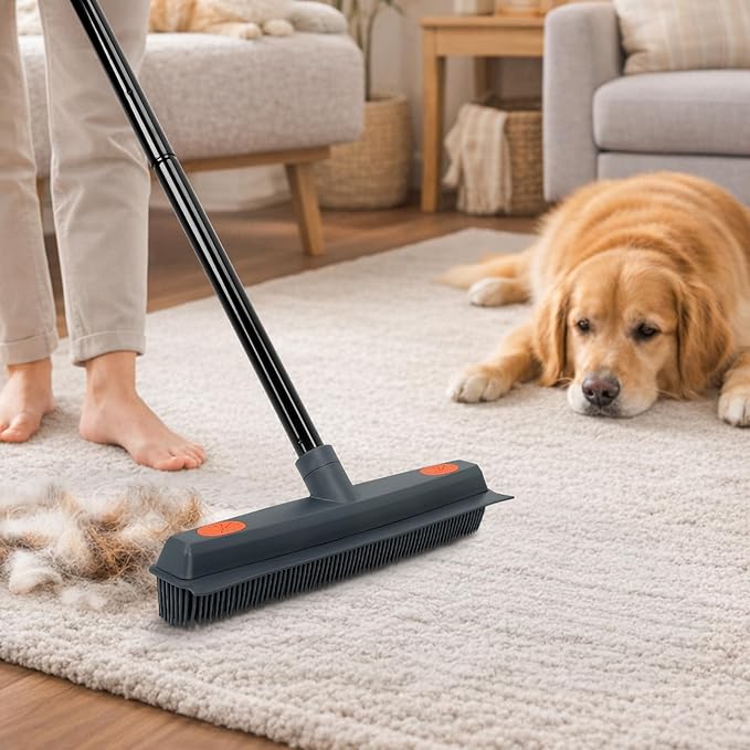 MAVRIZ Pet Hair Removal Broom on Carpet, Rubber Broom for Hardwood Floor - Fur Remover Broom with Squeegee