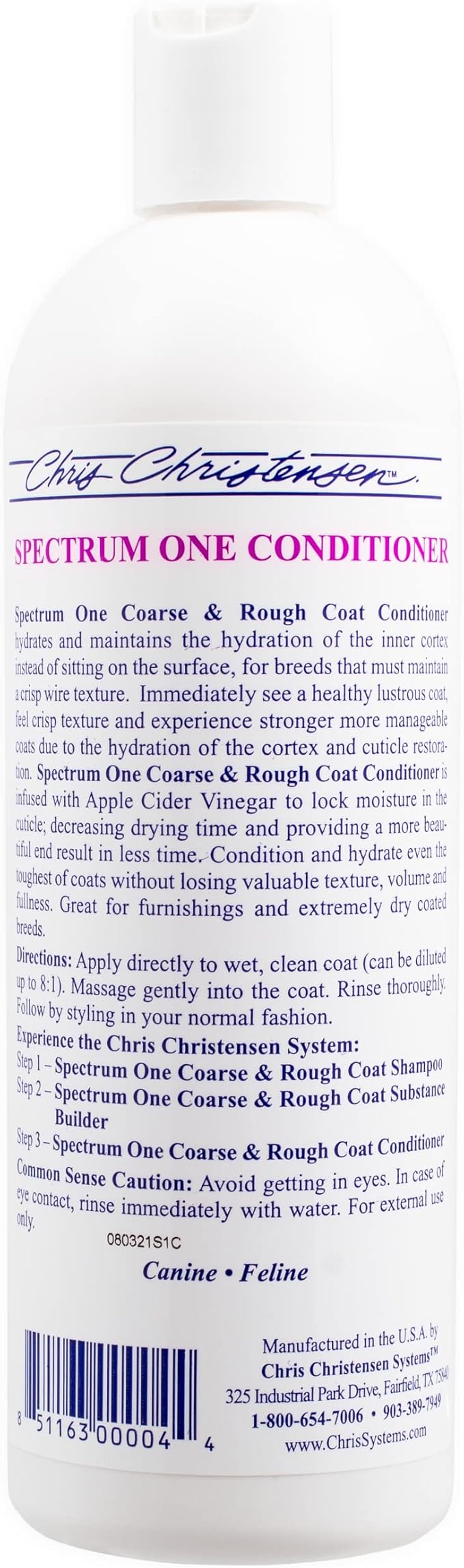 Chris Christensen Spectrum One Dog Conditioner, Coarse and Rough Coat, Groom Like a Professional, Repairs and Protects, Maintains Inner Cortex Hydration, Made in the USA, 16 oz