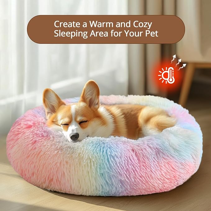 JOLLYVOGUE 23" Calming Donut Dog & Cat Bed, Rainbow
