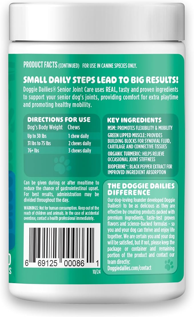 Doggie Dailies Senior Hip & Joint Chews for Dogs, Duck Flavored, 120 Count