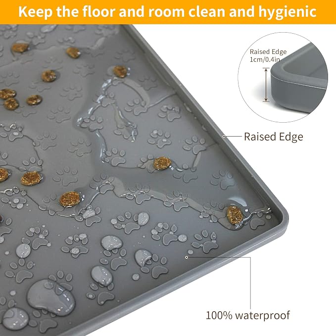 Ptlom Pet Placemat for Dog and Cat, Mat for Prevent Food and Water Overflow, Suitable for Small, Medium and Big Pet,24.5" 16.5", Grey