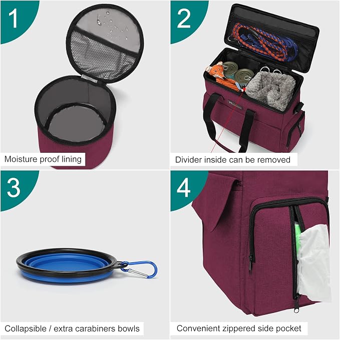 Airline Approved Pet Travel Bag Weekend Set with Food Containers & Bowls, Rose Red