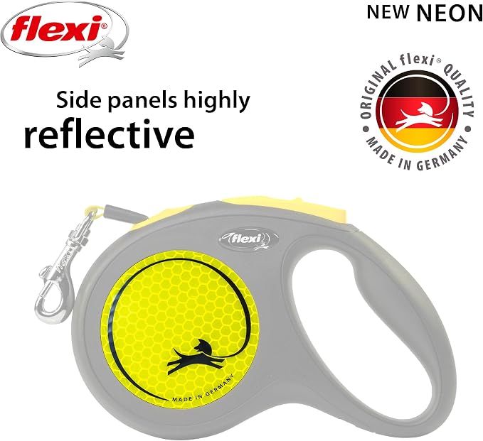 FLEXI® Neon Tape Retractable Dog Leash, Medium, 16 ft - Neon Yellow/Black | German engineered, original flexi leash, durable quality for dogs up to 55 lbs, tangle-free, walking, reliable brake system