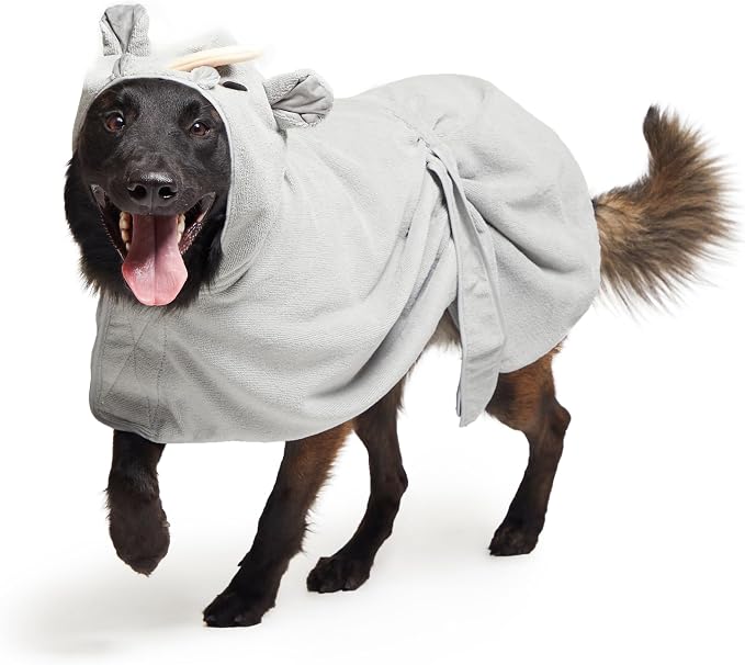 BARKBOX Dog Bathrobe - for Dogs - Large | Fast Drying, Microfiber Bath Towel - Hook & Loop Closure and Wrap Tie - Machine Washable - Rhino