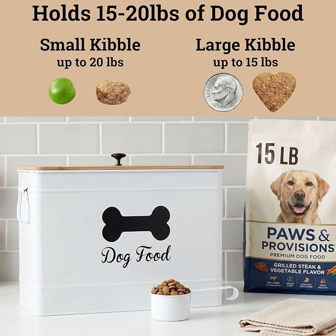 Metal Dog Food Container 15-20 lbs w/ Airtight Bamboo Lid, 20 lbs, Bamboo, White