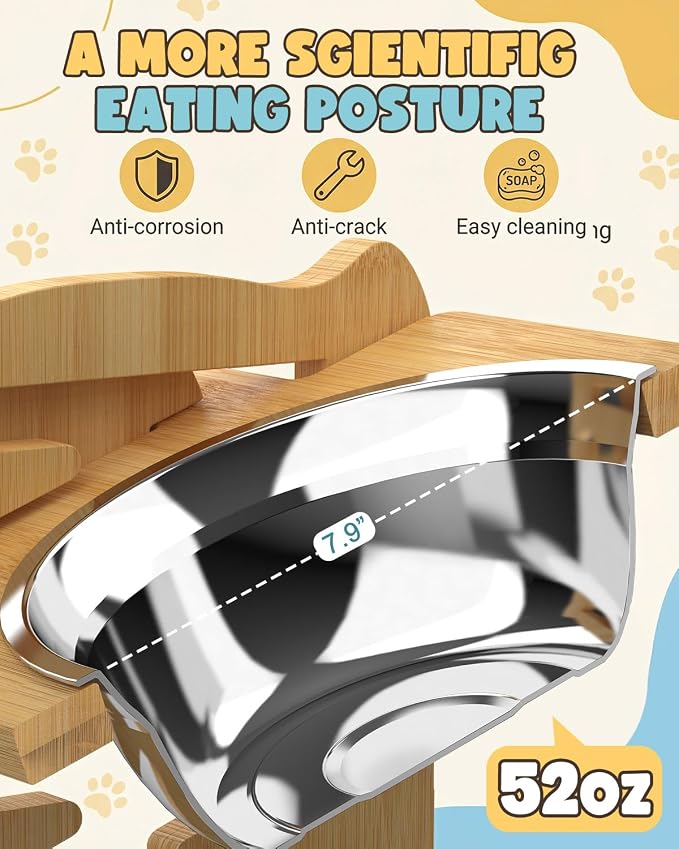 Jovrun Elevated Dog Bowls, Adjustable Raised Dog Bowl Stand for Medium Large Size Dogs, 15°Tilted Elevated Dog Bowls, Durable Bamboo Dogs Feeder with 2 Stainless Steel Bowls and Non-Slip Feet