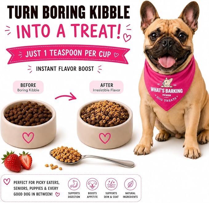 What's Barking Shakers Strawberry Shortcake Dog Meal Topper, Treat Crumbles for Dog Food, Sprinkle Topper for Kibble or Wet Food, Made in USA, Resealable Bags, Pack of 3