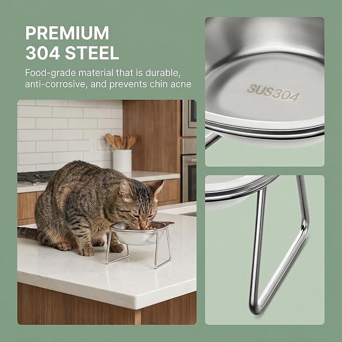 Sterling Whiskers Orthopedic Feeding Bowl, 2 Pack Raised Cat Bowls, 15° Tilted Stainless Steel Elevated Dishes for Small Cats & Dogs, Anti Vomit, Whisker & Spine Friendly