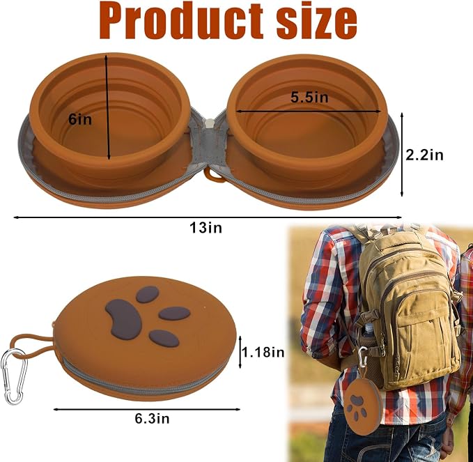 Collapsible Dog Bowls, 2-in-1 Silicone with Carabiner, Brown