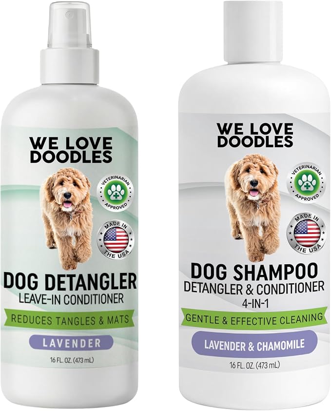 Dog Shampoo & Dog Detangler Spray, Dog Bath Supplies Tearless Lavender 16oz | Best Shampoo, Detangling & Dematting Spray for Dogs, For Sensitive Itchy Skin, Tangle Remover, Goldendoodle, Poodle & Doodle