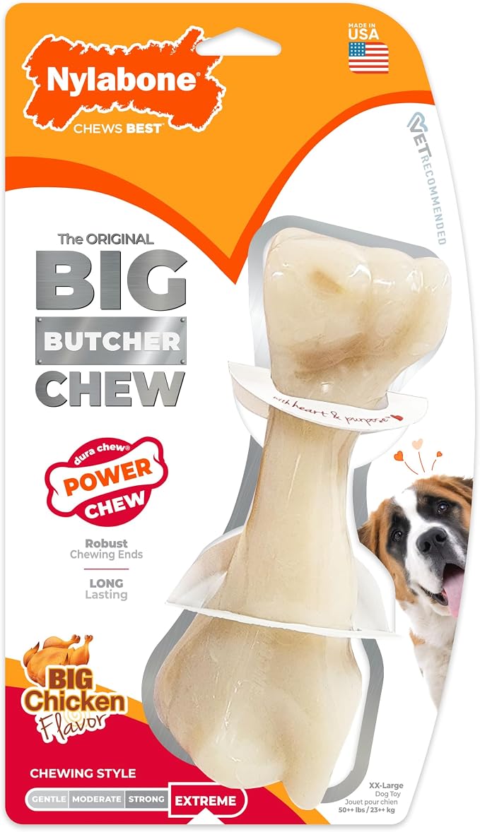 Nylabone Power Chew Butcher Bone Dog Chew Toy, Chicken Flavor, XX-Large | Durable dog toys for aggressive chewers, long lasting, discourages destructive chewing, for dogs 50++ lbs
