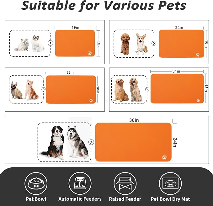 HotLive Dog Food Mat - Absorbent Cat Mat for Food and Water, No Stains Pet Feeding Bowl Mat, Easy to Clean Pet Placemats, Quick Dry Dog Water Dispenser Mat for Messy Drinkers | Paw Orange 18"x 28"