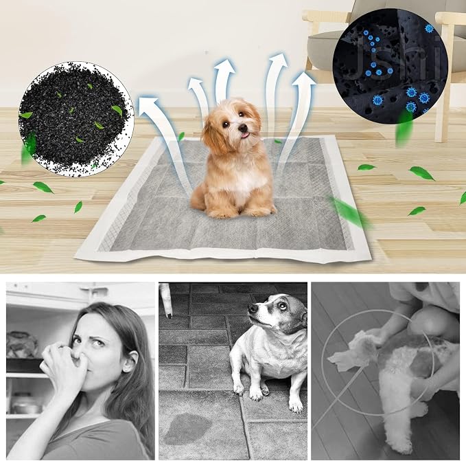 Fhiny 50PCS Rabbit Pee Pads, 18" × 24" Disposable Cage Liner Black Carbon Odor-Control, All-Absorb Charcoal Training Accessories with Quick-Dry Surface for Bunny Rabbit Puppy Small Animals