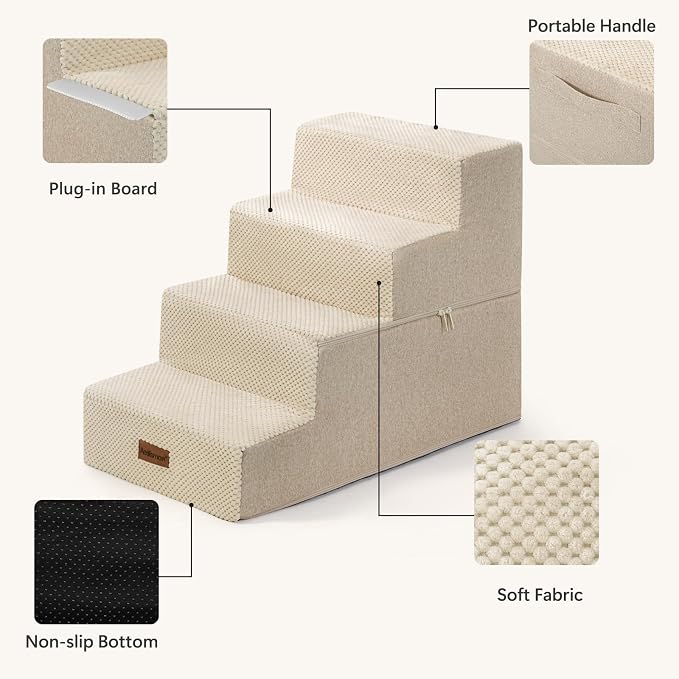 Aodisman Dog Steps for Bed and Couch, 4-Step Pet Stairs for Small Dogs, Indoor Non-Slip Dog Stairs for Old Cats, Puppy, Small Medium Dogs,18.5" H,Beige