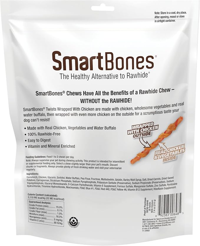 SmartBones Twists Wrapped with Chicken Made with Real Water Buffalo, 30 Count, Rawhide-Free Chews for Dogs, 7.40 Ounce (Pack of 1)