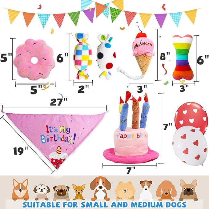 lilfrd 9Pcs Pink Dog Birthday Toy Set, Squeaky Hat Bandana Gift for Dogs | Birthday Party Kit, Plush Squeaky Dog Toys, Suitable for Small Medium Puppy