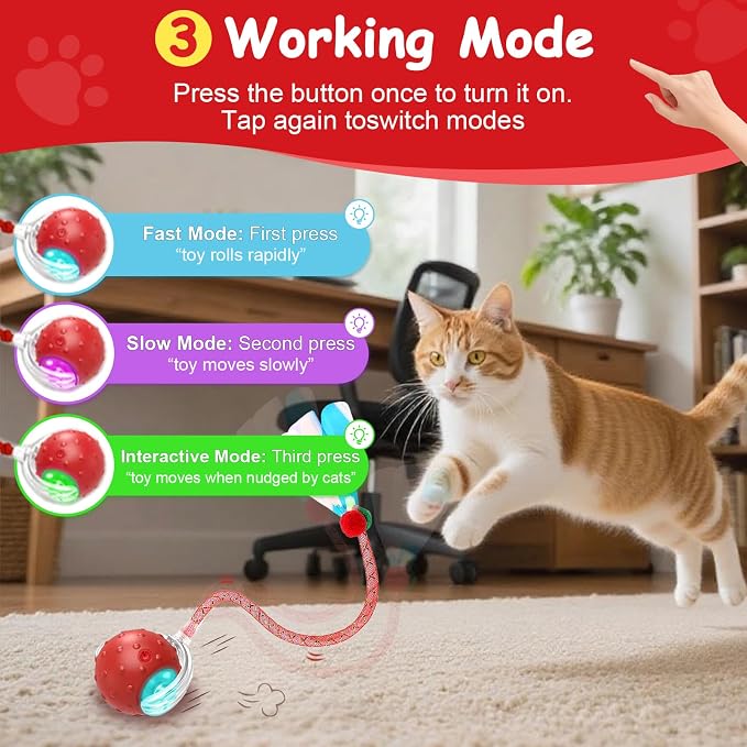 Interactive Cat Toys Smart Ball for Cats & Dogs! Now with 2 Rapid Tails. Features: 360°Auto-Rolling, Motion Activation& Bird Sounds. Perfect for Indoor Pet Exercise & Fun. (Red1)