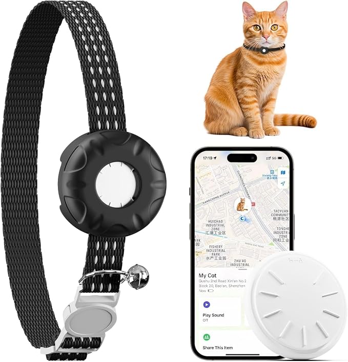 Cat Tracker,No Monthly Fee GPS Trackers for Cats Work with Apple Find My App(iOS Only),Real-Time Location Tracking,Cat Tracker GPS Collar with Safety Elastic Buckle-Black