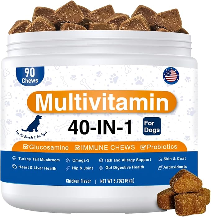 Dog Multivitamin Chewable, 40-in-1 Dog Vitamins Supplements with Mushroom, Glucosamine, Digestive Enzymes for Liver, Brain, Joint Gut & Eyes,Multivitamin for Dogs All Breeds & Ages